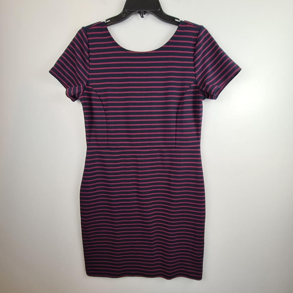 Banana Republic Womens 12P Navy Burgundy Striped Scoop Back Sheath Dress 511117